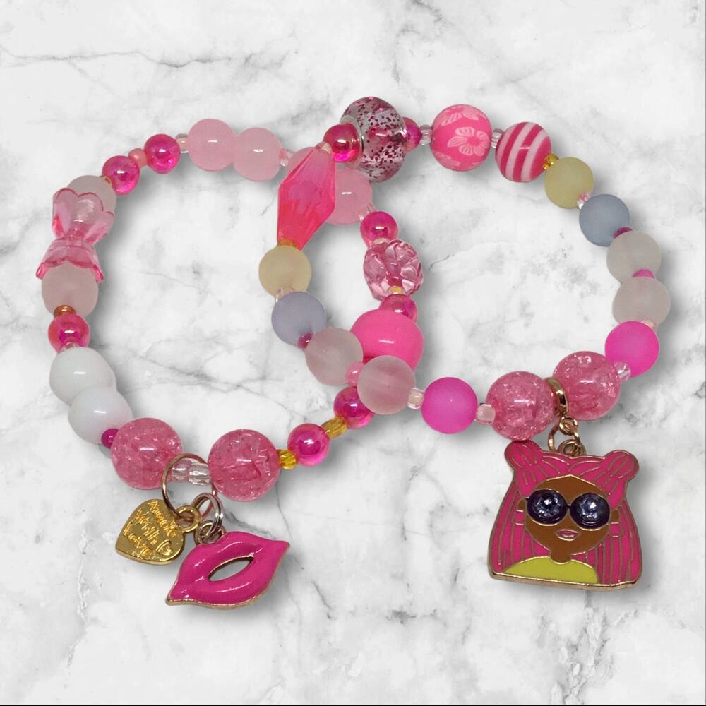 Pink & White Glass Beads Eclectic Sparkle Charm Bracelet Set Eclectic Sparkly
